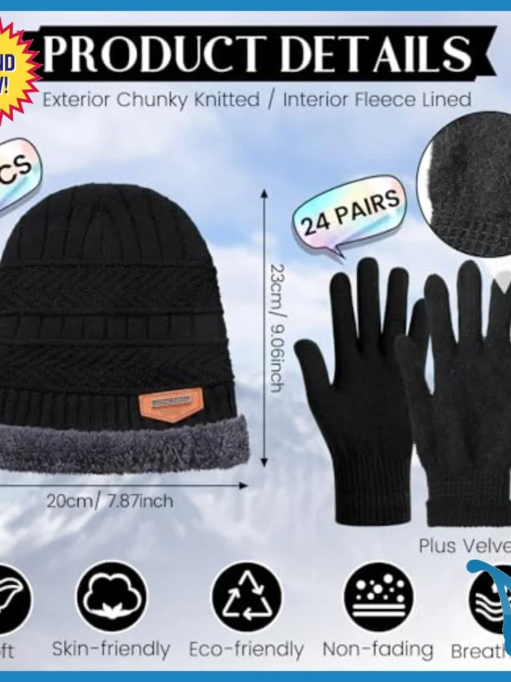 48-Piece Winter Hat Gloves Set, Acrylic Fleece Lined, Unisex Medium